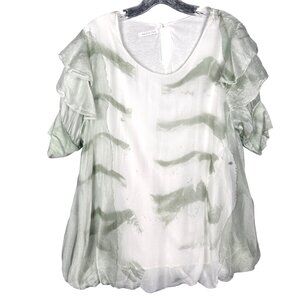 Made In Italy‎ Silk Top M/L Puff Sleeve Flowy Romantic Unique Green White Fairy